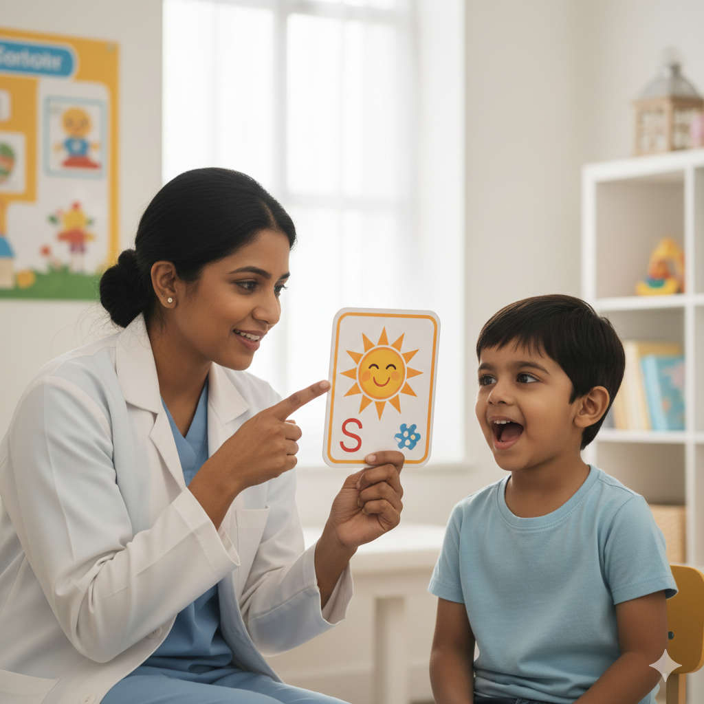 Illustration of the best speech therapist in Kottayam teaching a child how to pronounce the letter "O" using flashcards on a play rug.