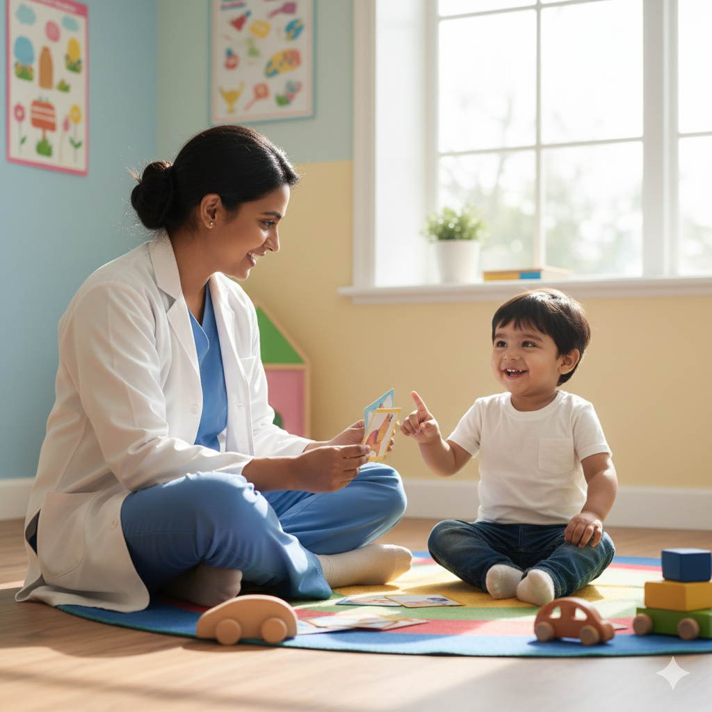 Therapeutic activity for child speech delay treatment in Kottayam showing a specialist helping a girl connect letters and sounds.