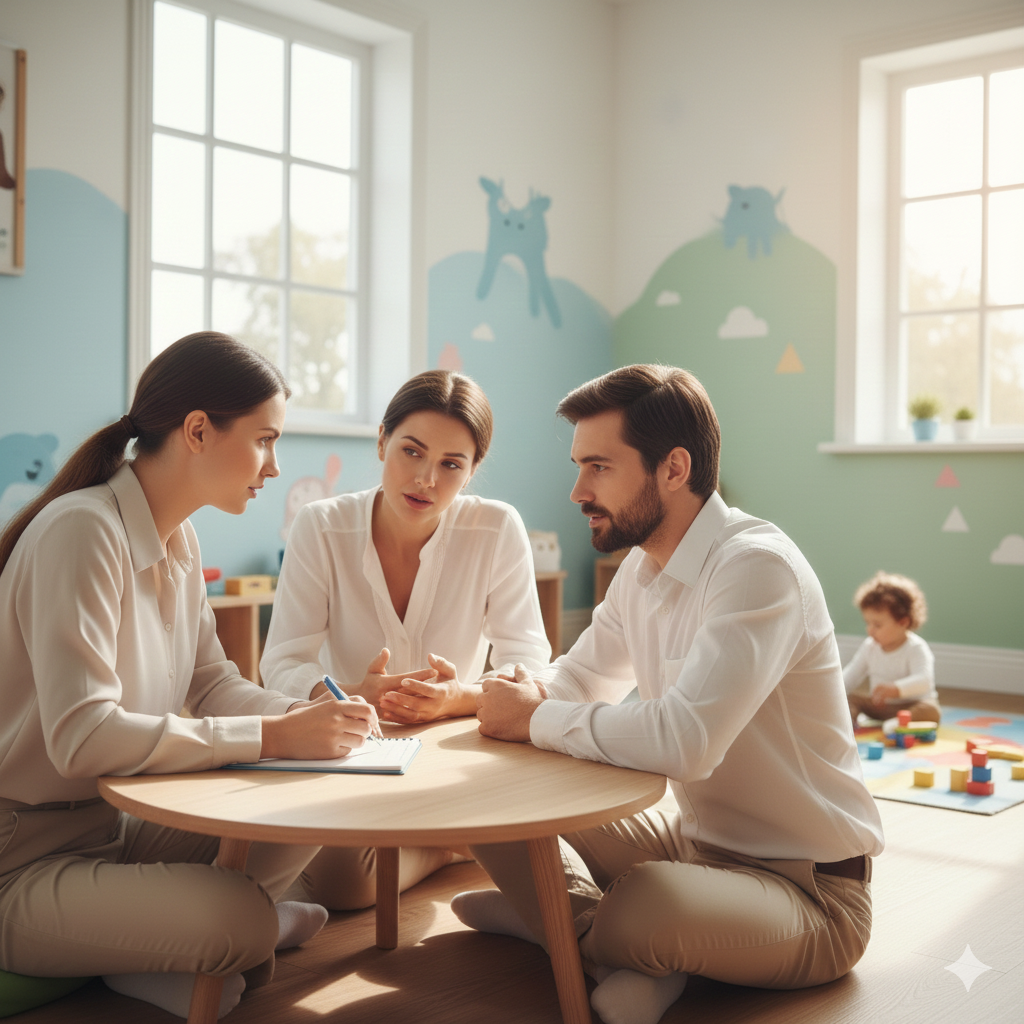 Progress report review with the best speech therapist in Kottayam Kerala and a young family.