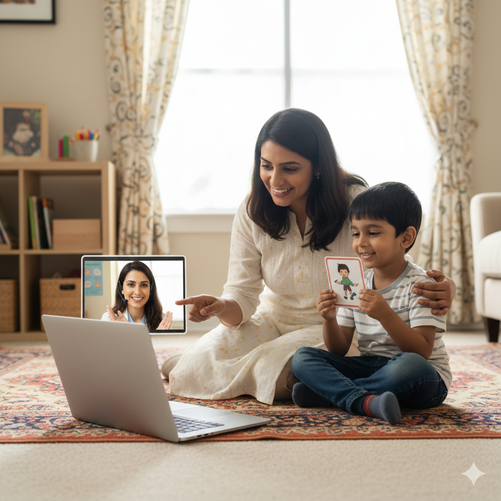 Illustration of the best speech therapist in Kottayam teaching a young boy vowel sounds using flashcards on a play rug.