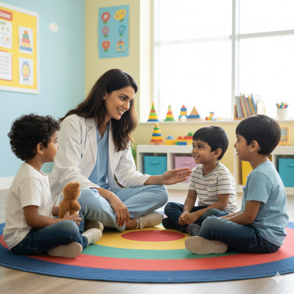 A professional illustration depicting a session with a speech therapist in Kottayam, showing a therapist using alphabet flashcards and visual modeling to teach a young boy proper vowel pronunciation on a child-friendly therapy rug.