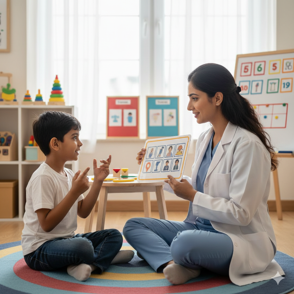 A pediatric speech therapist in Kottayam sitting on a rug and teaching a young boy vowel sounds using flashcards.