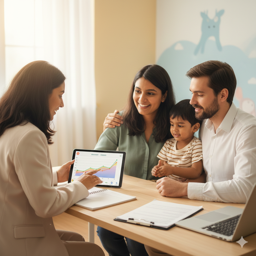 A professional session with the best speech therapist in Kottayam Kerala helping a young child with language development activities in a kid-friendly clinic.