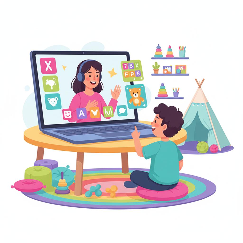 Child attending playful online speech therapy session with the best speech therapist in Kottayam Kerala