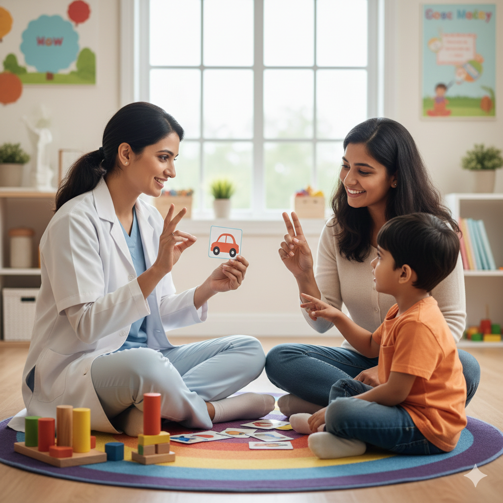 Speech therapist conducting a child speech therapy session with parent support at the best speech therapist in Kottayam Kerala