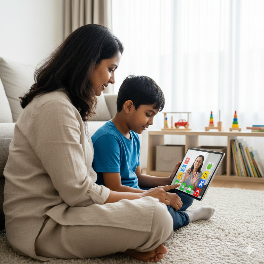 Mother and child attending online speech therapy session with the best speech therapist in Kottayam Kerala
