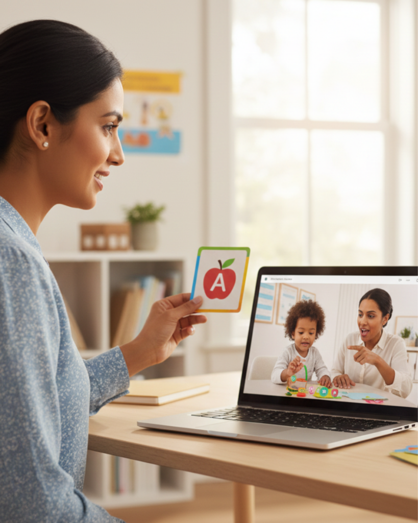 Online speech therapy session using alphabet cards by the best speech therapist in Kottayam Kerala